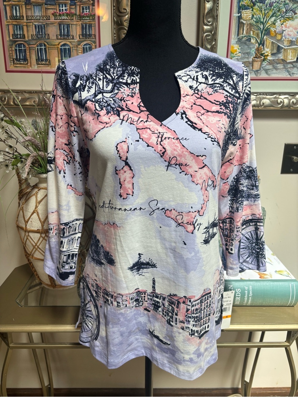 Mediterranean Sea Milan Florence Rome Scenic Print Keyhole Tunic Top Size S NWT